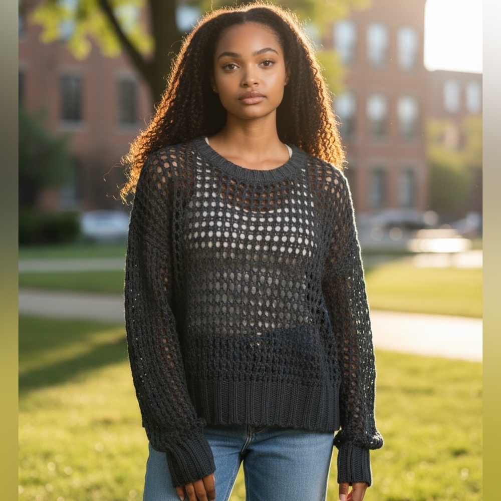 Urban Heritage Black Open Knit Sweater | Women’s Small | Chunky Mesh Pullover